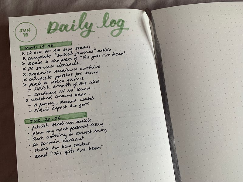 Daily Log Page from My Bullet Journal