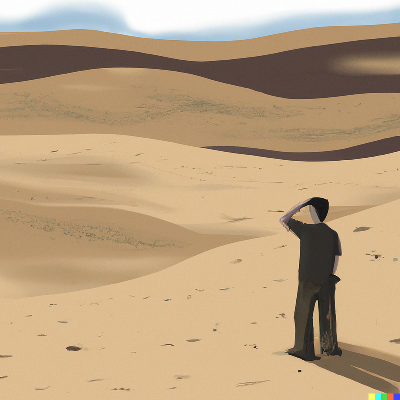 A lone figure gazing into a vast desert, symbolizing the learning journey.