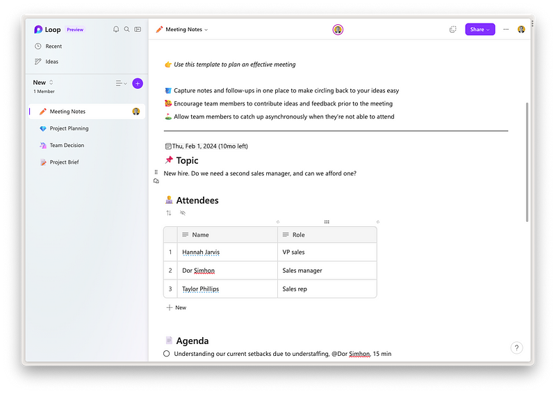 Microsoft Loop workspace example