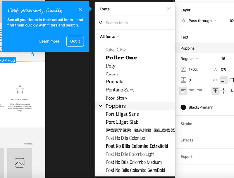 Preview of font selection in Figma