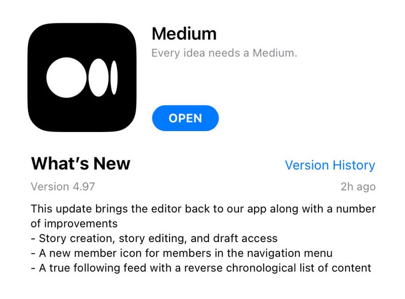 Medium app update notification on iPhone