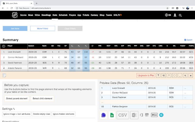 Screenshot of the Table Capture extension in action