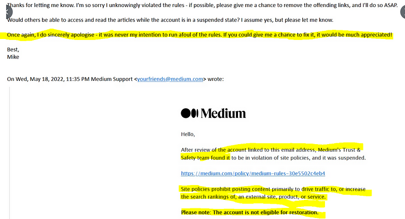 Screenshot of Medium's Trust and Safety Team email