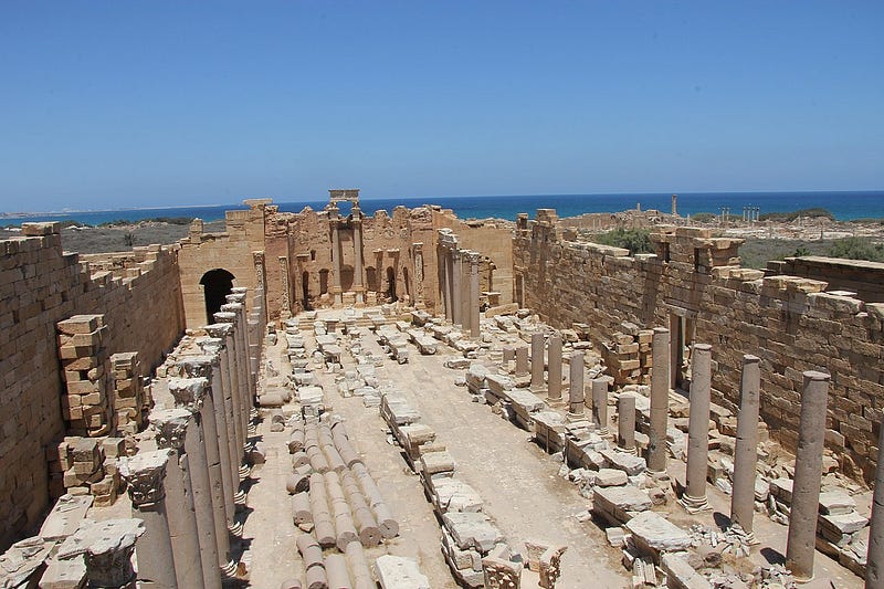 Aerial view of the ancient ruins of Leptis Magna