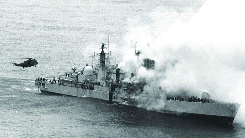 HMS Sheffield in flames during the Falklands War