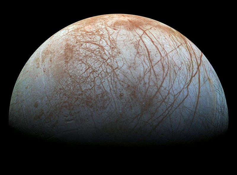 Detailed view of Europa's surface taken by the Galileo spacecraft.