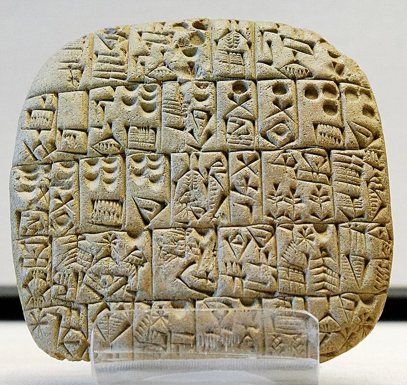 Cuneiform writing on clay tablets