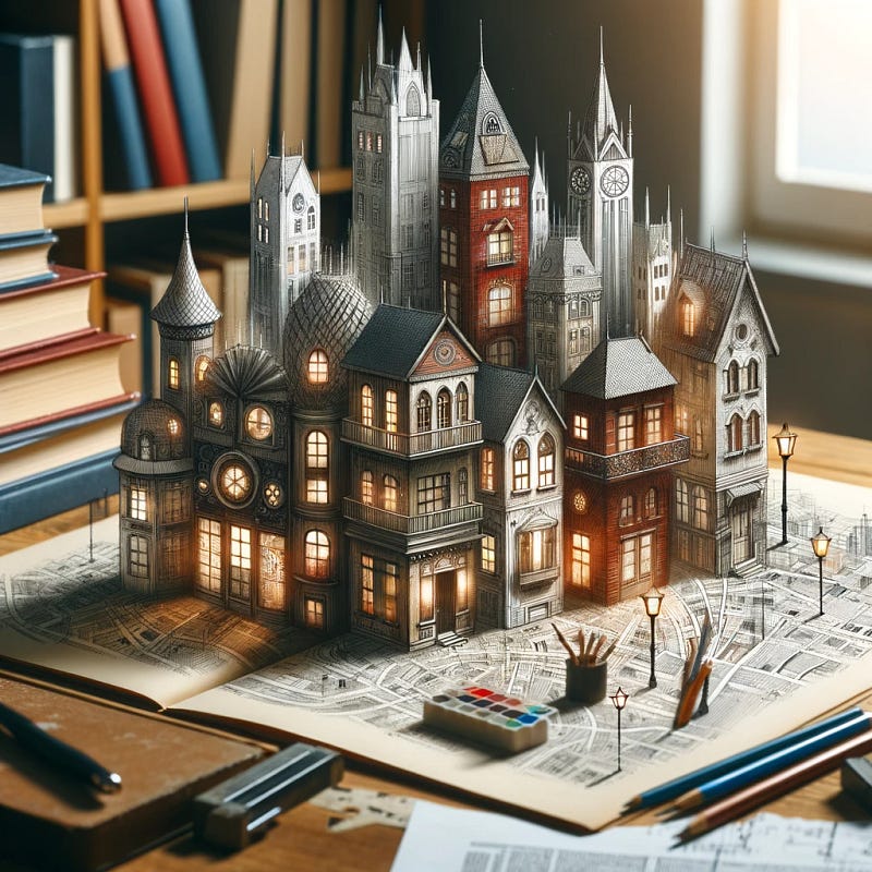 Architect's desk with book-themed blueprints