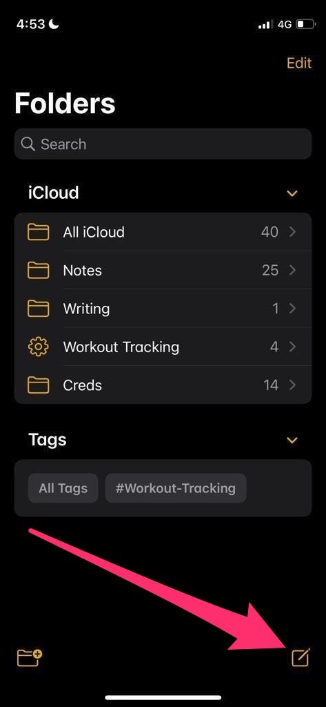 Example of workout tracking in iPhone Notes