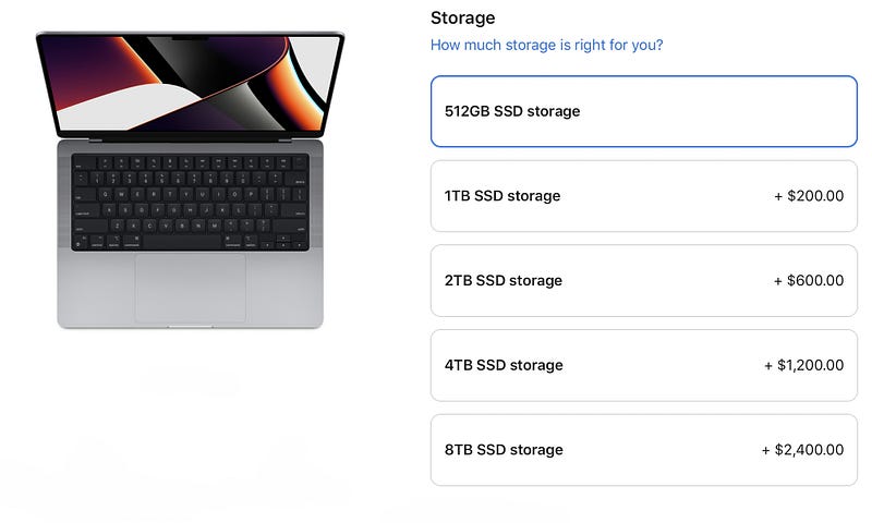 Price breakdown for SSD storage upgrades