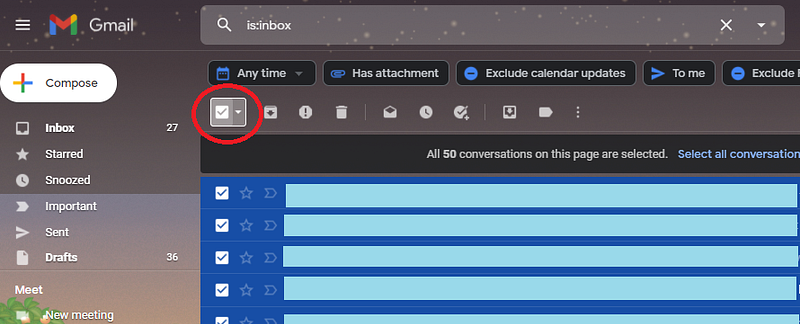 Selecting all messages in Gmail