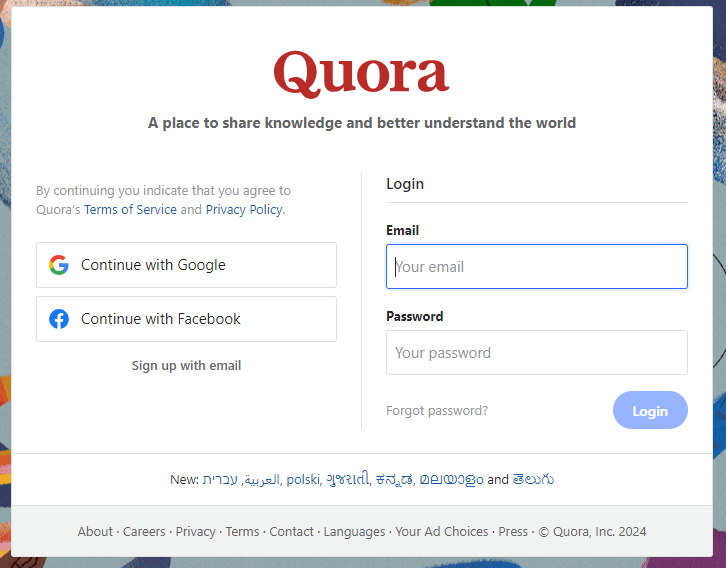 Screen capture of Quora sign-up page