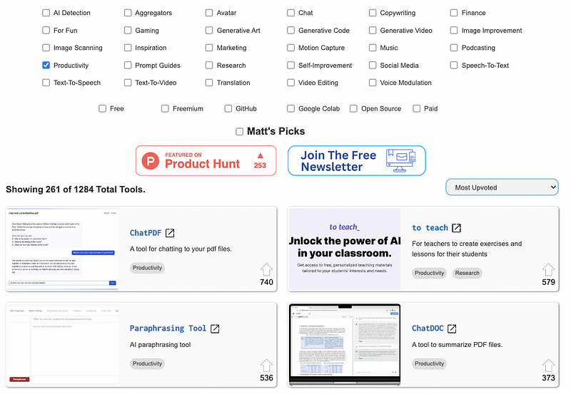 Screenshot of top AI tools in productivity