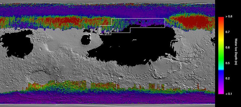 Map of water ice locations on Mars